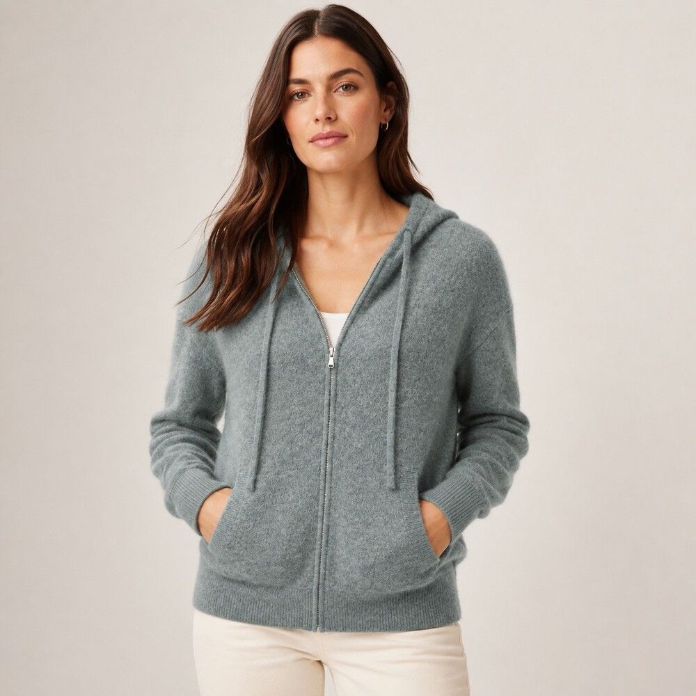 Saks Fifth Avenue 100% Cashmere Blue Green Full Zip Hoodie Sweater Women Size M